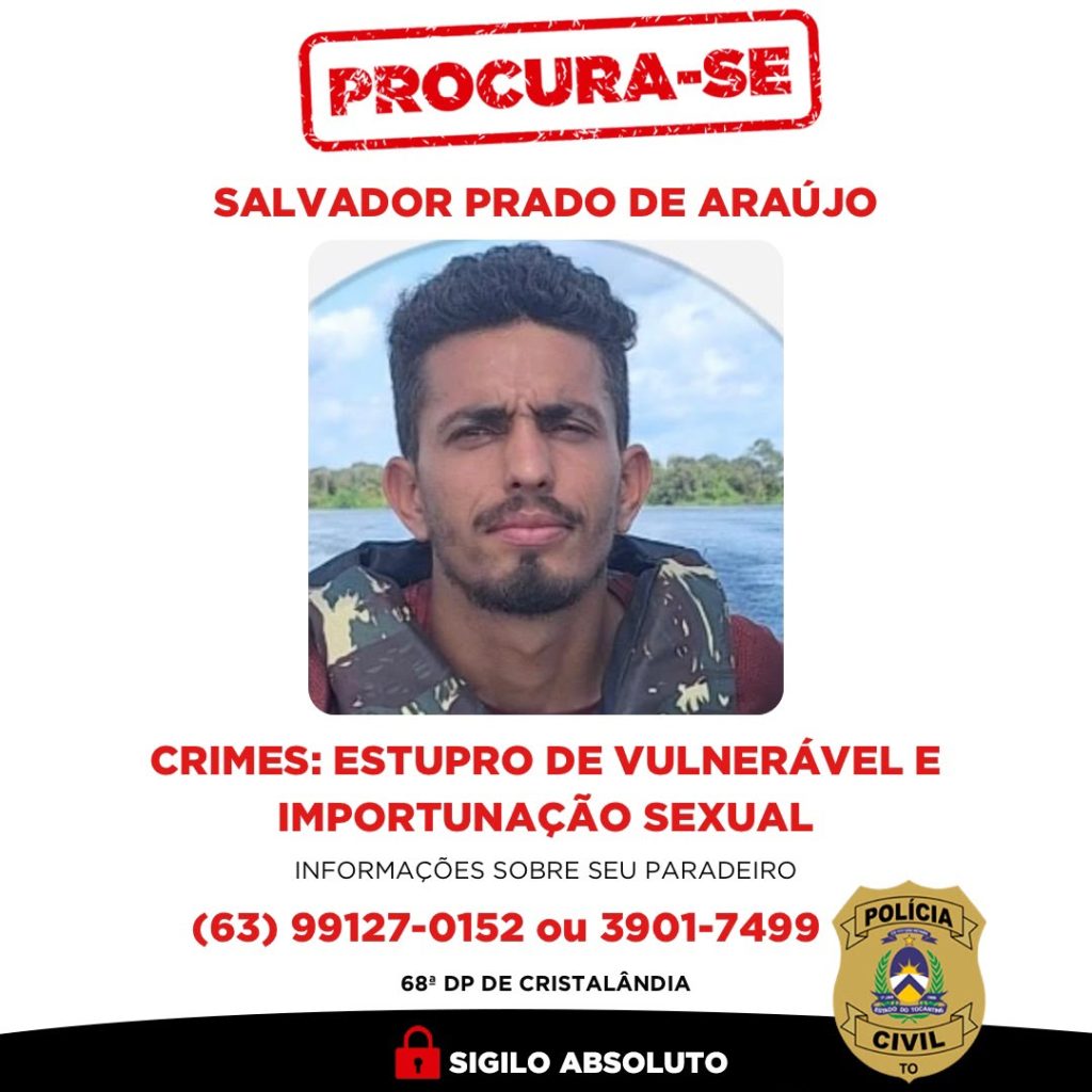 Homem indiciado por dois crimes de estupro de vulnerável e importunação sexual é procurado pela Polícia Civil do Tocantins